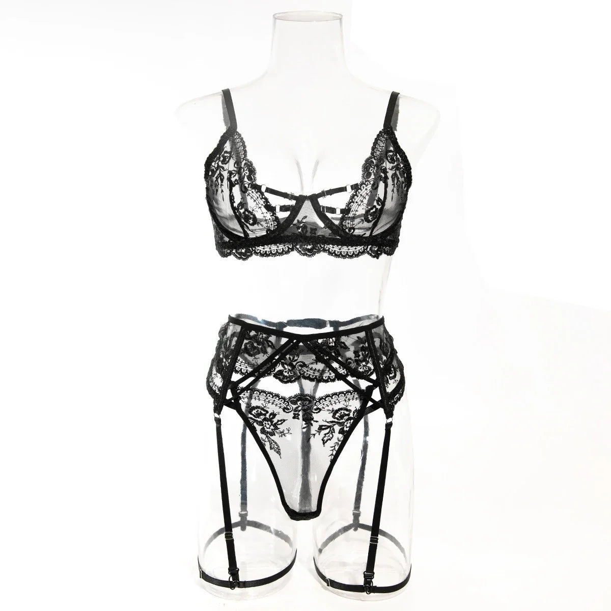 Ultrathin Mesh Patchwork See Through Bras And Thongs 3pc. Set
