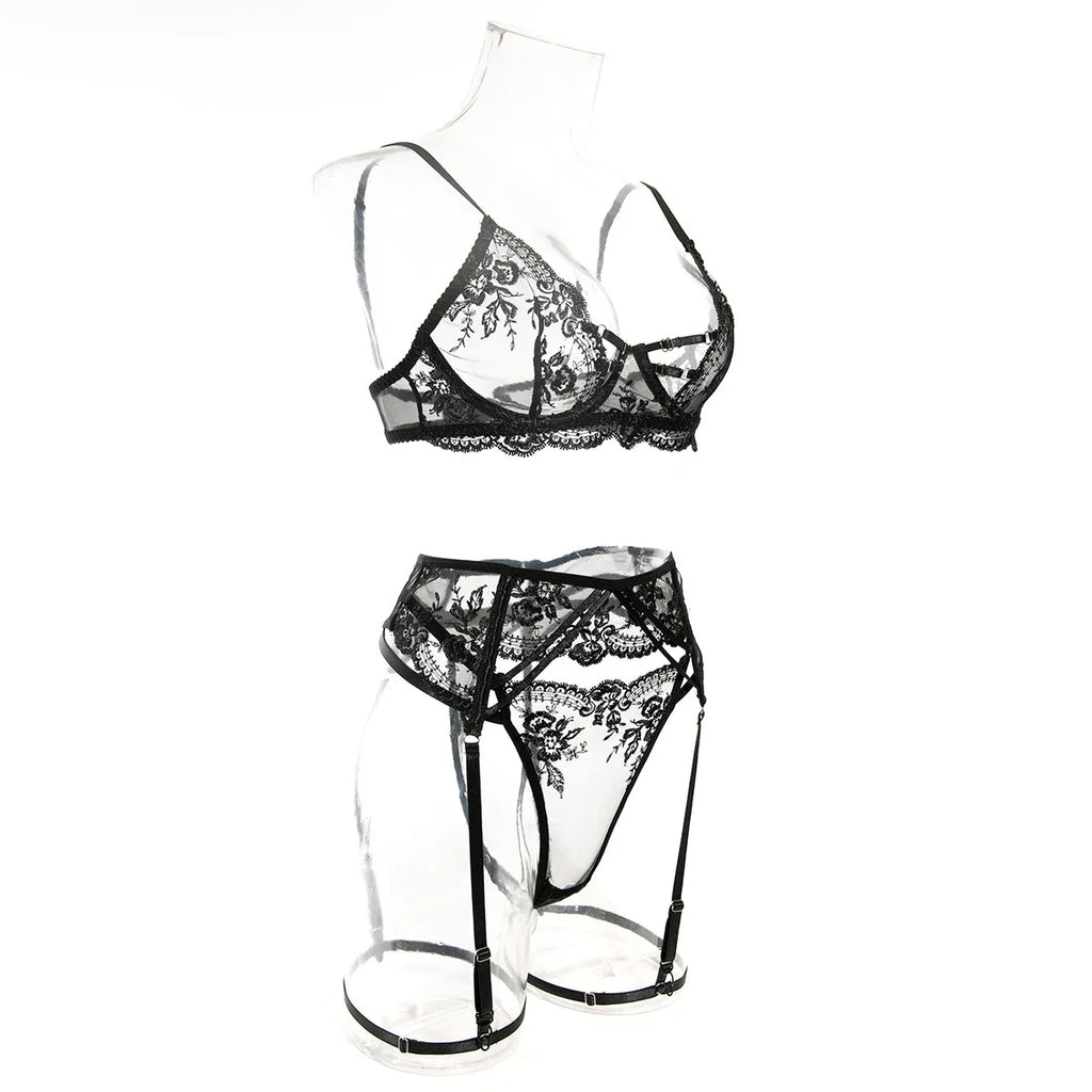 Ultrathin Mesh Patchwork See Through Bras And Thongs 3pc. Set