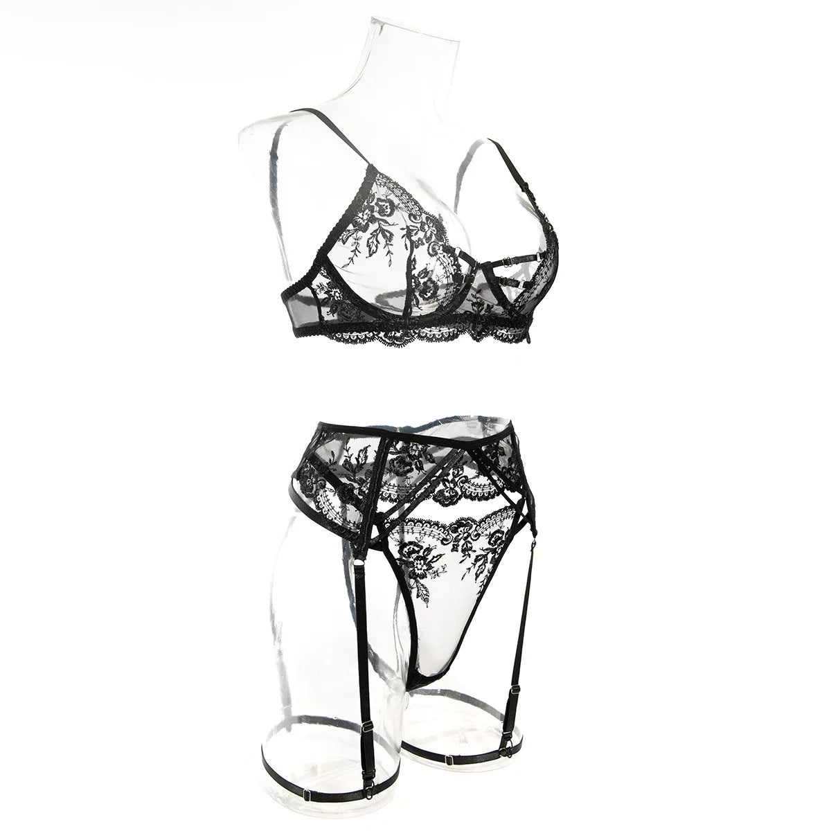 Ultrathin Mesh Patchwork See Through Bras And Thongs 3pc. Set