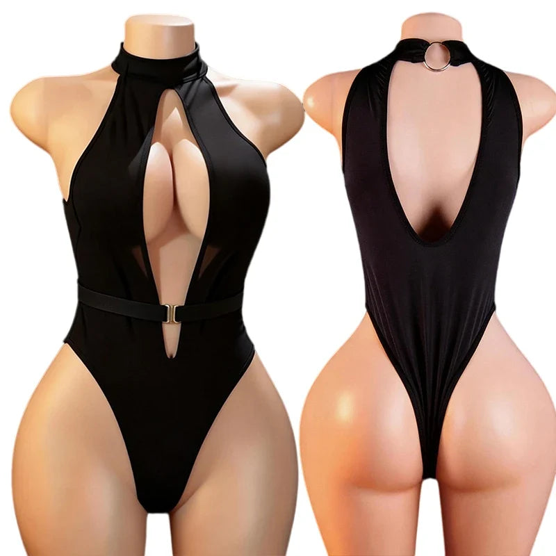 Crotchless Sexy Transparent Lace Bodysuits Lingerie Deep V Halter Sexy Open Crotch