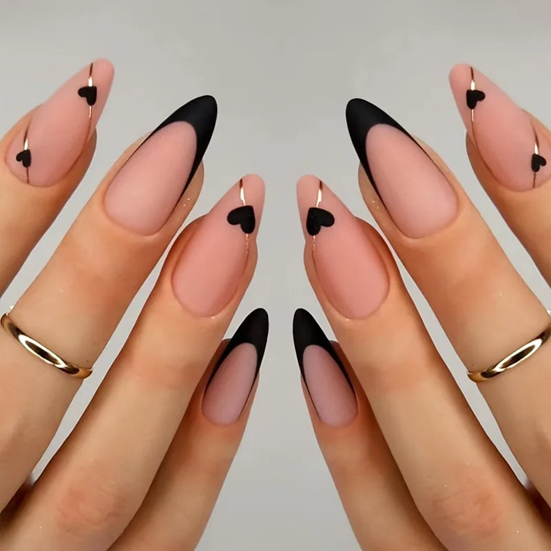 Black Cool Fake Nails Bat Press on Nails Almond Decorated Nail Tips Rivet Bow False Nails 24pcs Reusable Acrylic Nails
