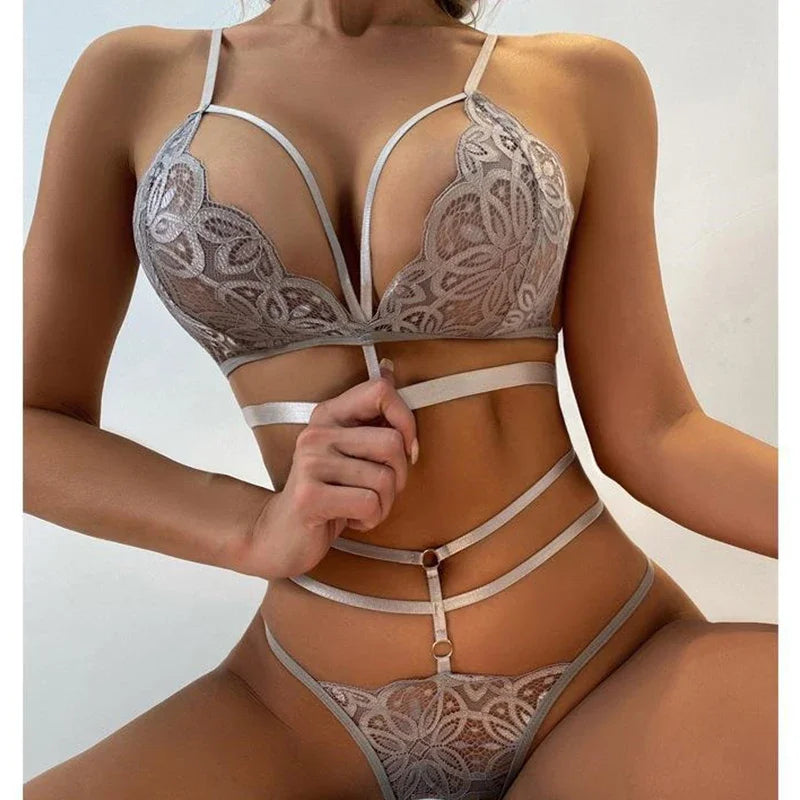 2-Pieces Exotic Women Lace Push Up Bra Thongs Lingerie Set
