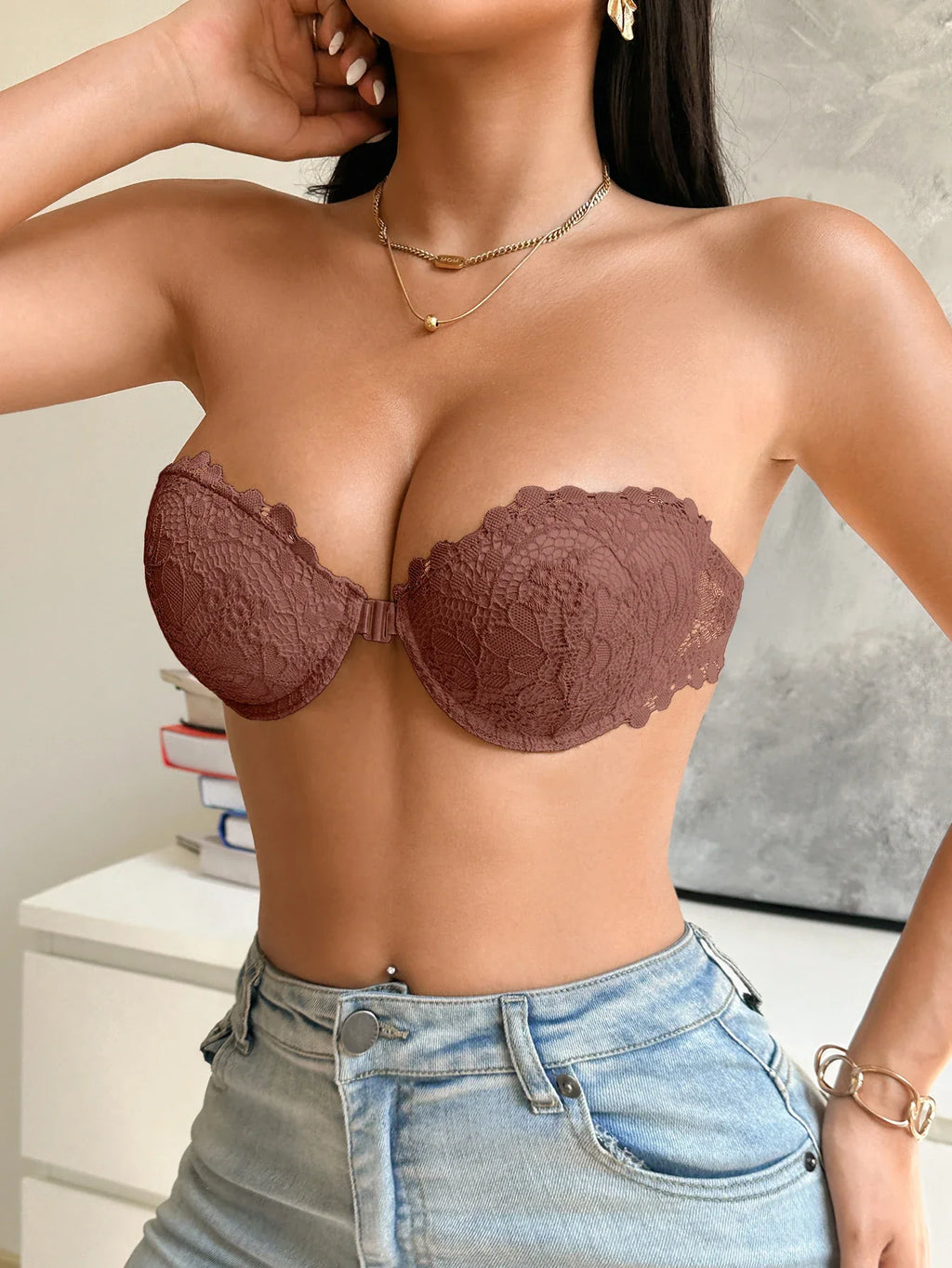 3Pcs Women Half Cup Lace Strapless Bra Adjustable Non-slip Off Shoulder Underwire Support Front Buckle Push Up