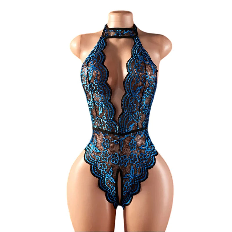 Women Red Crotchless Lingerie Halter