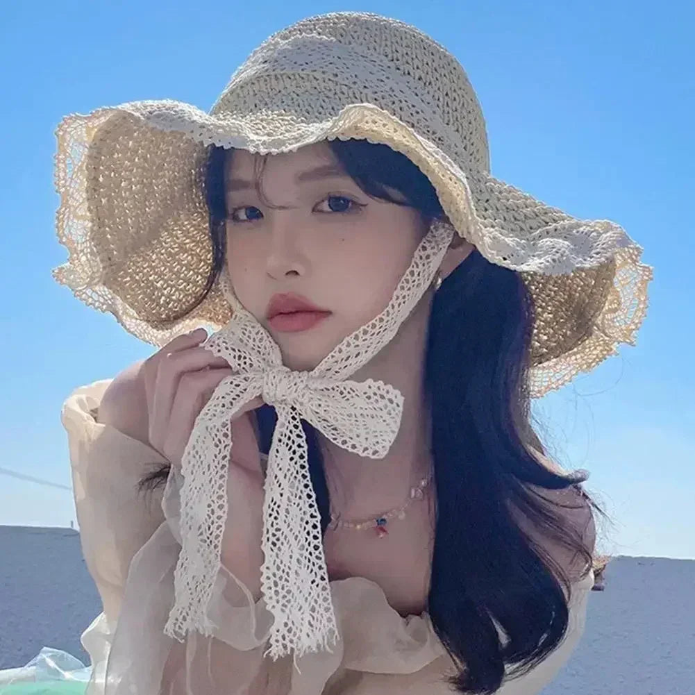 Summer Women's Lace Straw Beach Hat Foldable Sun Hat with Wide Brim Fresh Stylish Sunblock Shade Hat Perfect for Travel Holiday