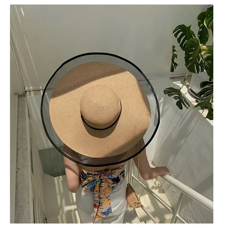 Women Sun Hat Big Eaves Waves Beach Cap Ladies Hat Big Brim Sun Visors UV Cut Bucket Panama Cap Foldable Straw Sunscreen Vintage