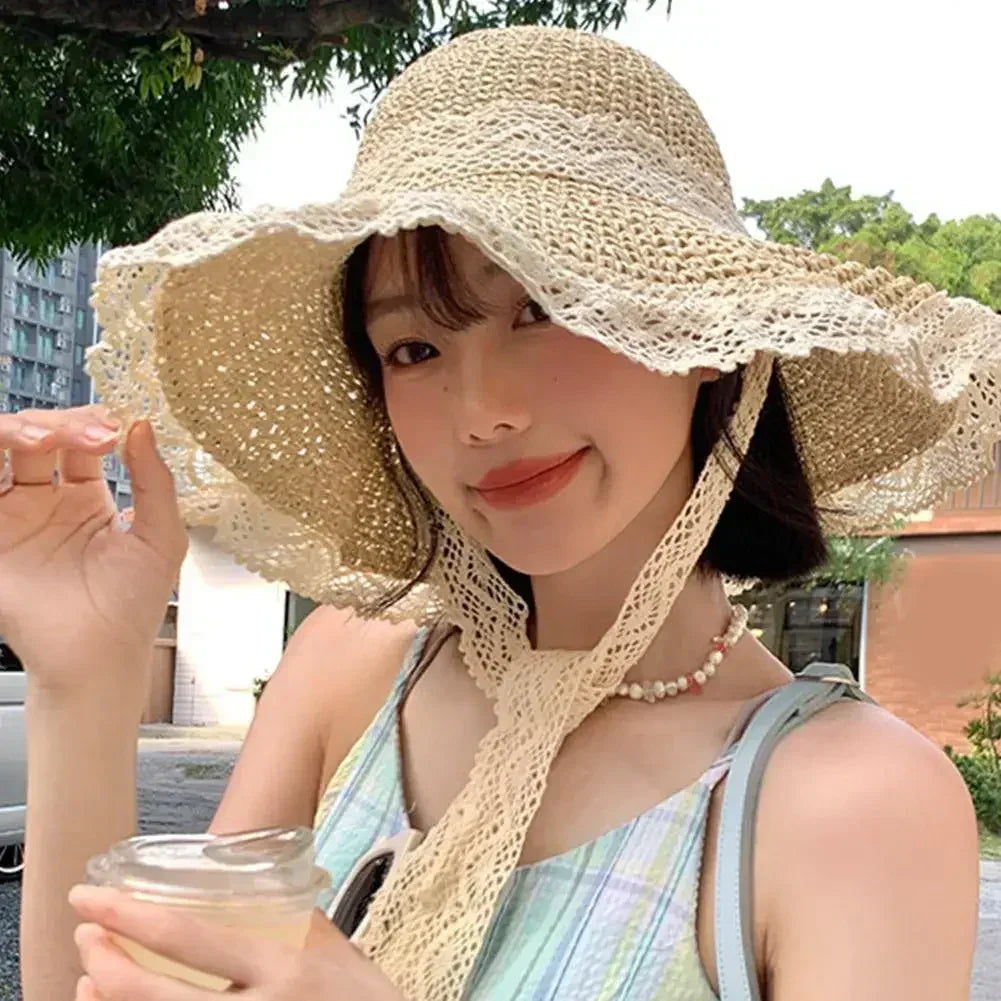 Summer Women's Lace Straw Beach Hat Foldable Sun Hat with Wide Brim Fresh Stylish Sunblock Shade Hat Perfect for Travel Holiday