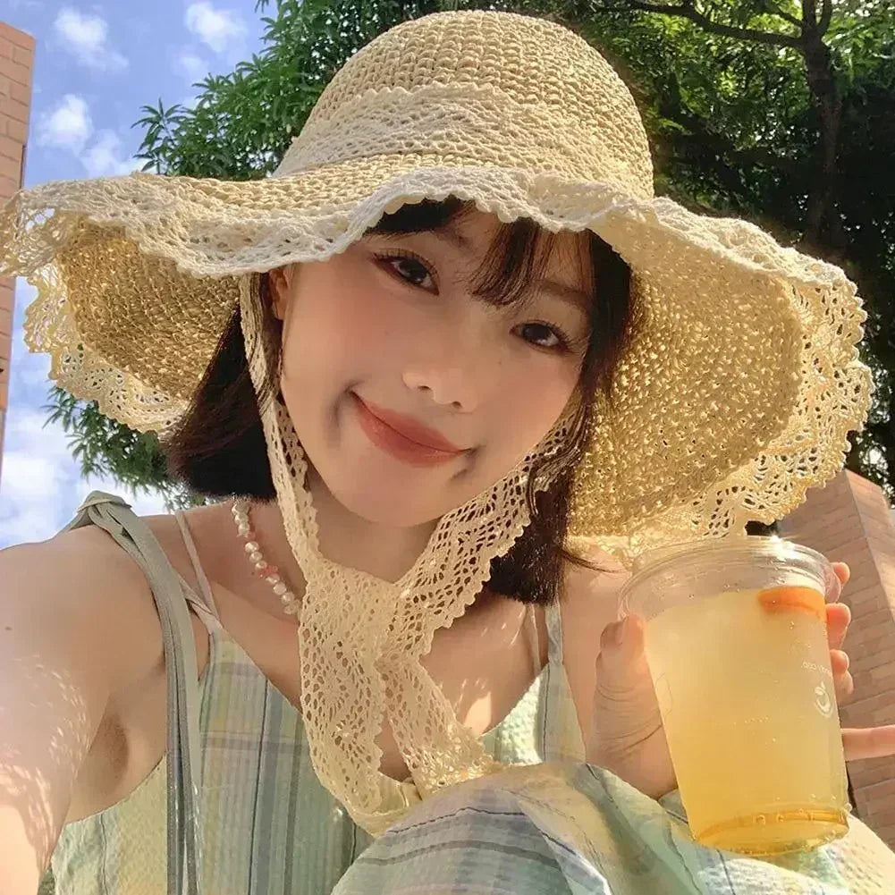 Summer Women's Lace Straw Beach Hat Foldable Sun Hat with Wide Brim Fresh Stylish Sunblock Shade Hat Perfect for Travel Holiday