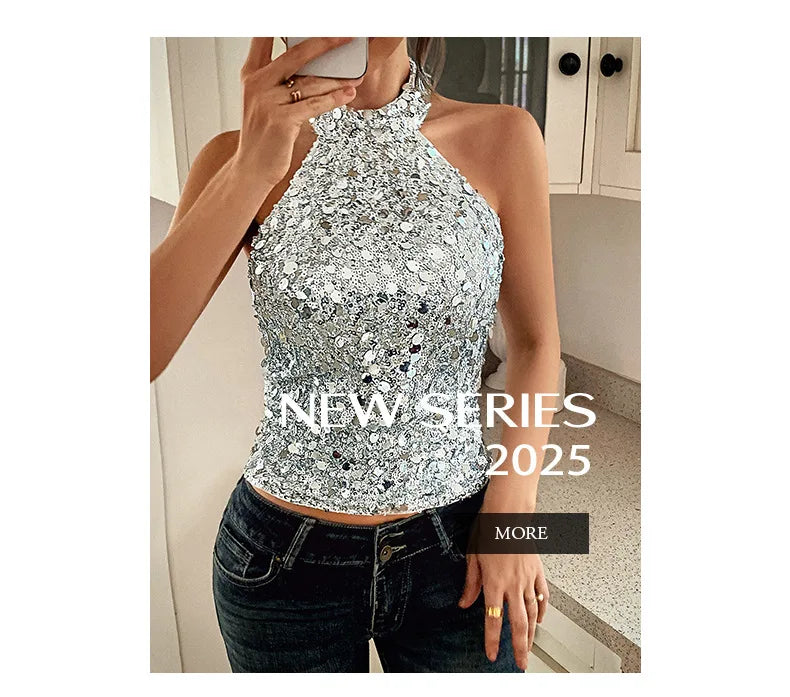 Elegant Temperament Neck Sequin Camisole Women T-shirt Sexy Sleeveless Tank Top