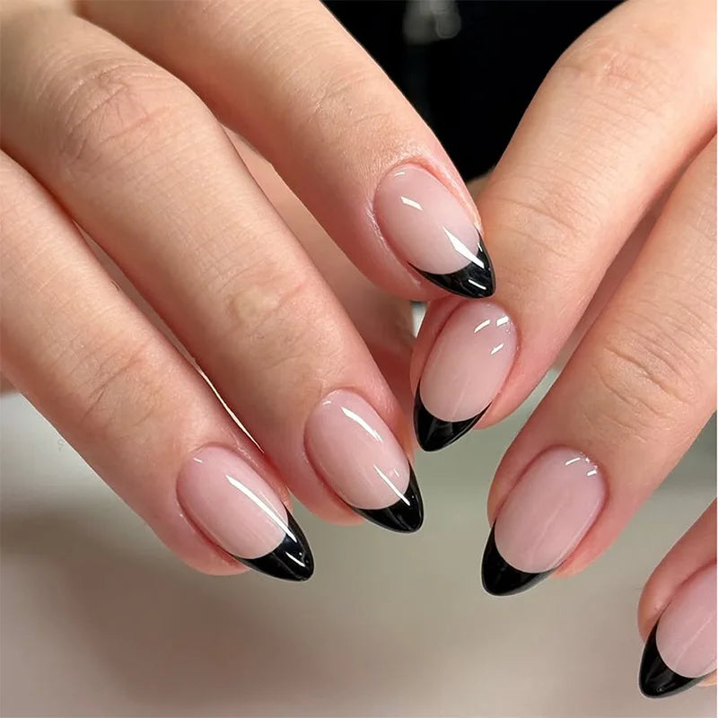 Black Cool Fake Nails Bat Press on Nails Almond Decorated Nail Tips Rivet Bow False Nails 24pcs Reusable Acrylic Nails