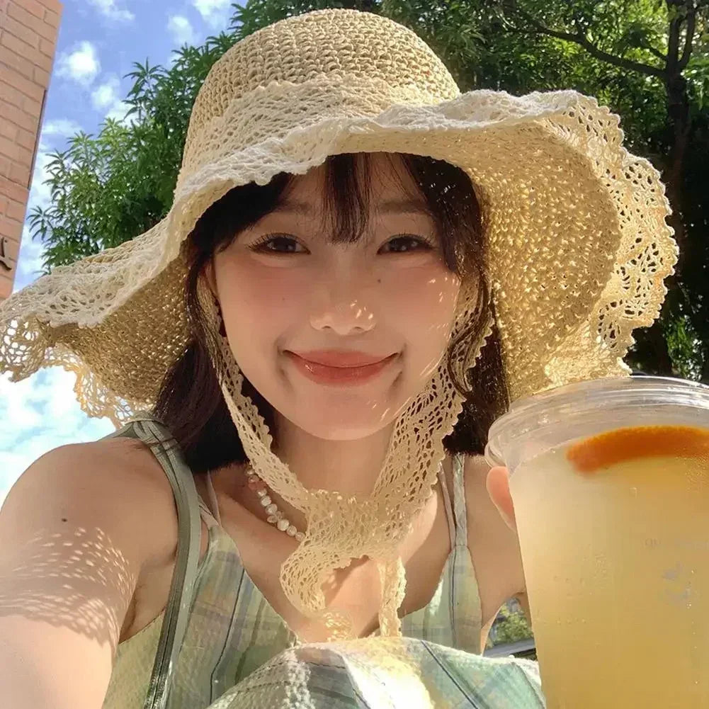Summer Women's Lace Straw Beach Hat Foldable Sun Hat with Wide Brim Fresh Stylish Sunblock Shade Hat Perfect for Travel Holiday