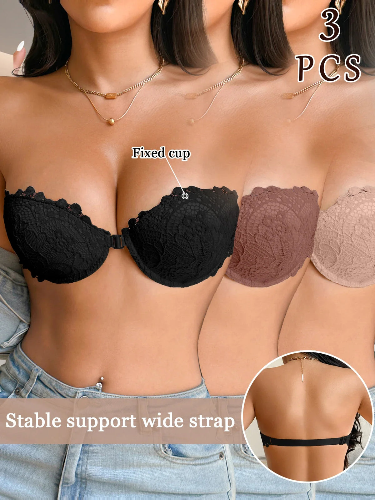 3Pcs Women Half Cup Lace Strapless Bra Adjustable Non-slip Off Shoulder Underwire Support Front Buckle Push Up