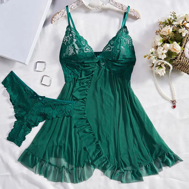 Deep V Slip Dress Thong Erotic Bra Panty Sets