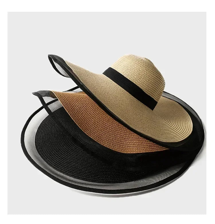 Women Sun Hat Big Eaves Waves Beach Cap Ladies Hat Big Brim Sun Visors UV Cut Bucket Panama Cap Foldable Straw Sunscreen Vintage