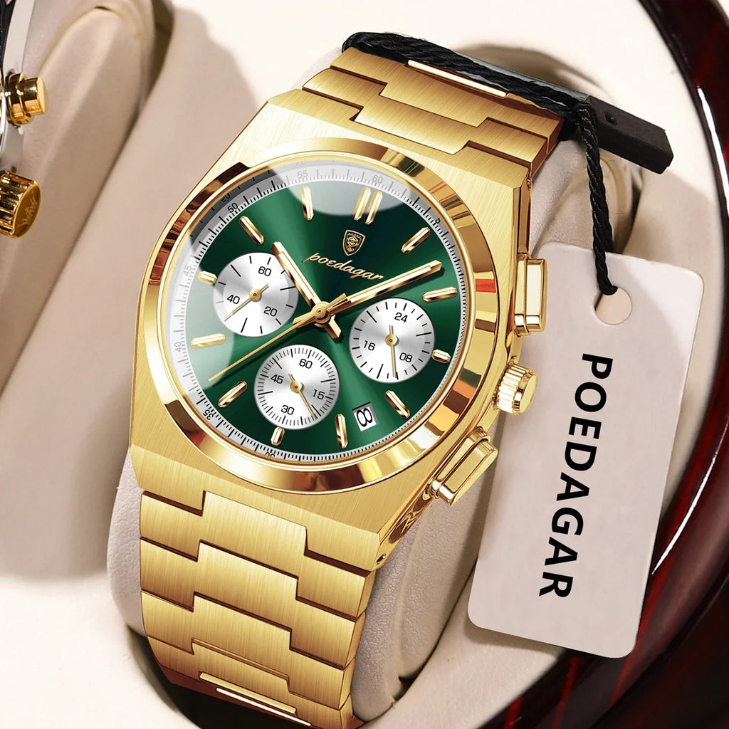 POEDAGAR Luxury Man Watch Chronograph Date Stainless Steel Sport Men Wristwatch Waterproof Luminous Fashion Quartz Men's Watches