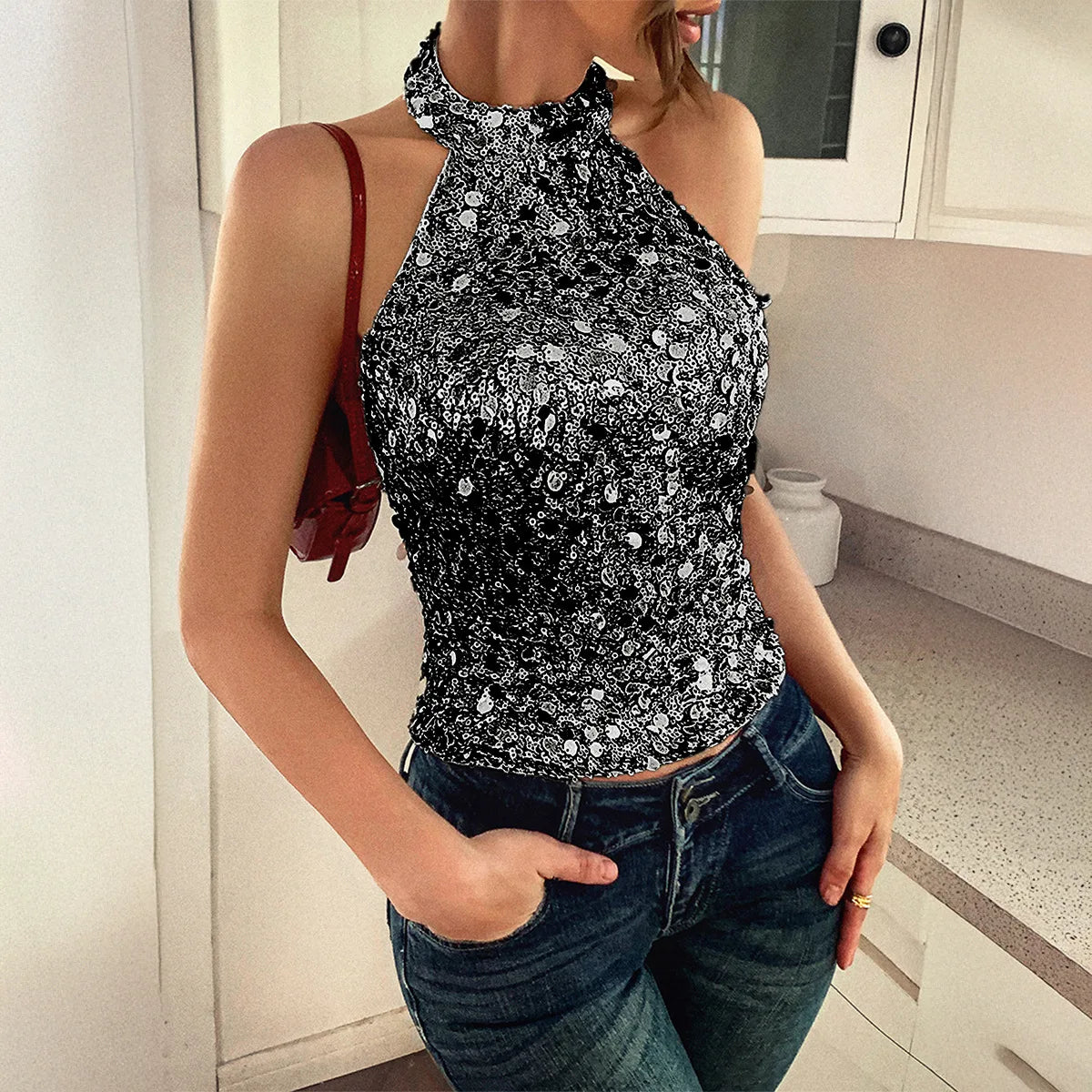 Elegant Temperament Neck Sequin Camisole Women T-shirt Sexy Sleeveless Tank Top