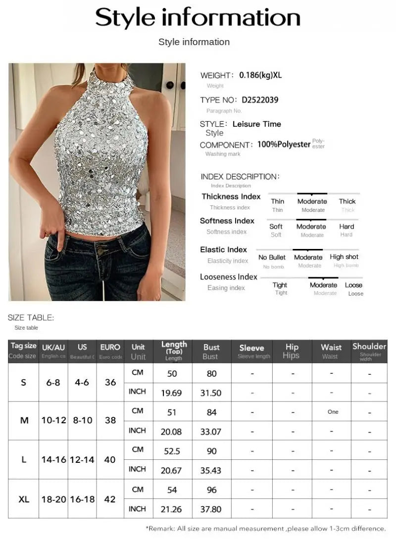 Elegant Temperament Neck Sequin Camisole Women T-shirt Sexy Sleeveless Tank Top
