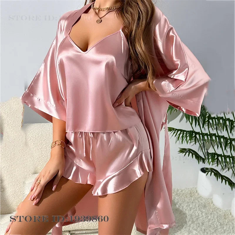 Kimono Bath Gown Strap Top & Shorts Lingerie Loose Silk Satin Set