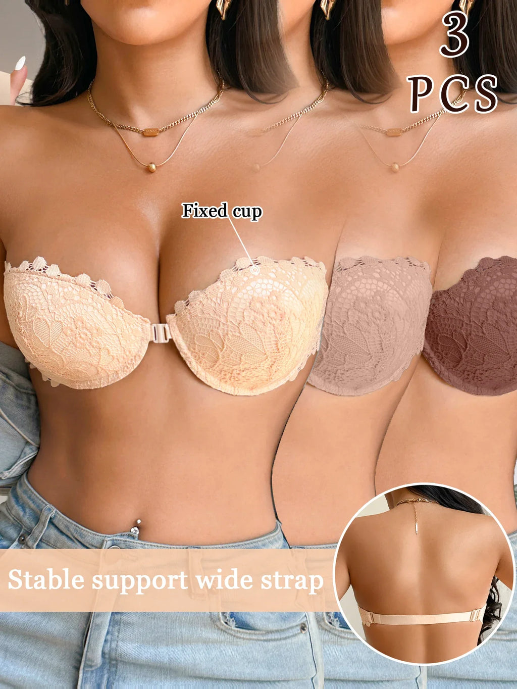 3Pcs Women Half Cup Lace Strapless Bra Adjustable Non-slip Off Shoulder Underwire Support Front Buckle Push Up