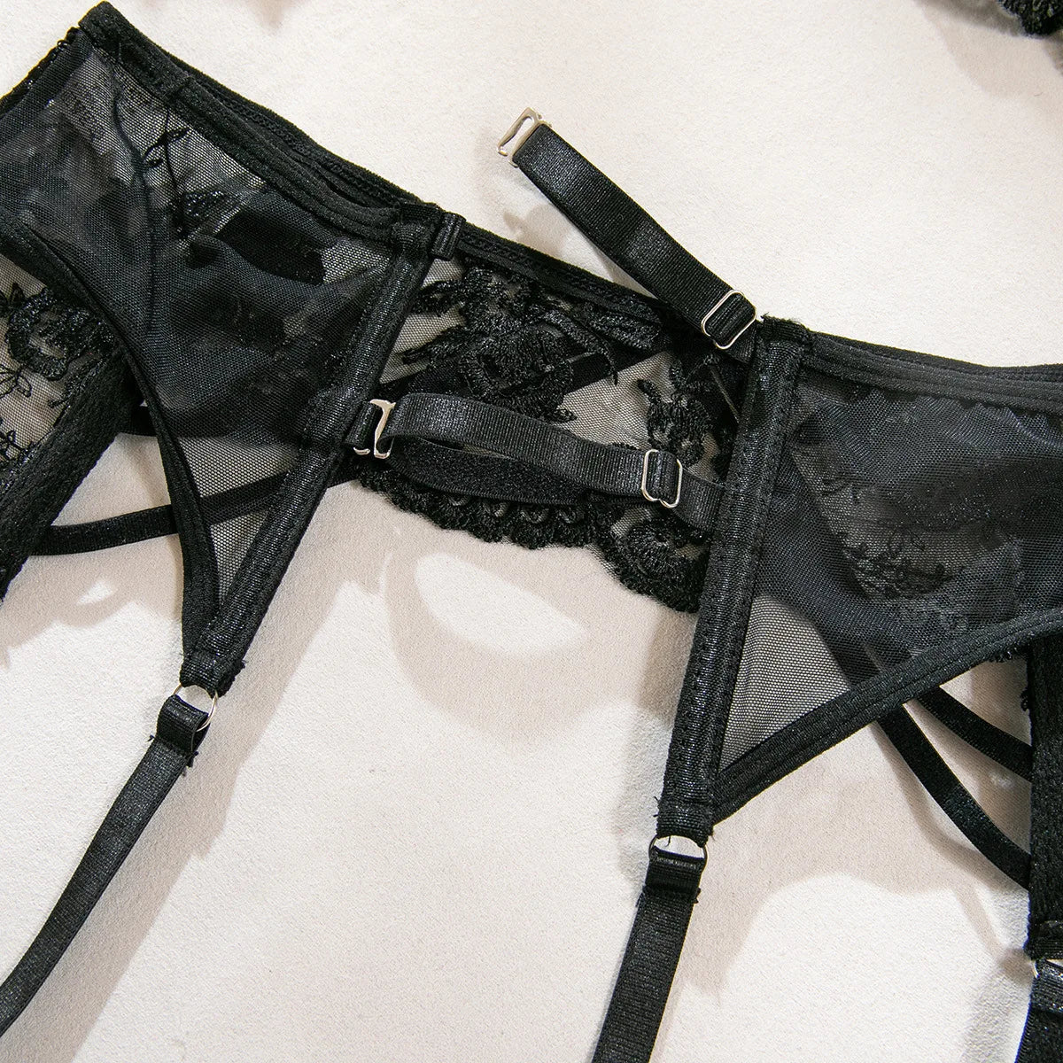 Ultrathin Mesh Patchwork See Through Bras And Thongs 3pc. Set