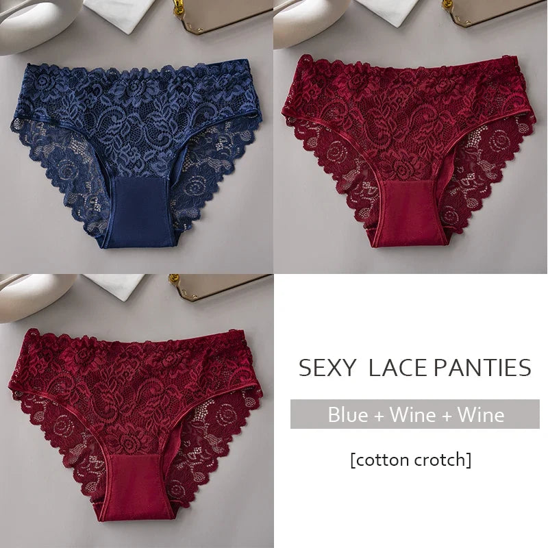 Lace Cotton Panties 3PCS Floral Embroidered Women's Briefs