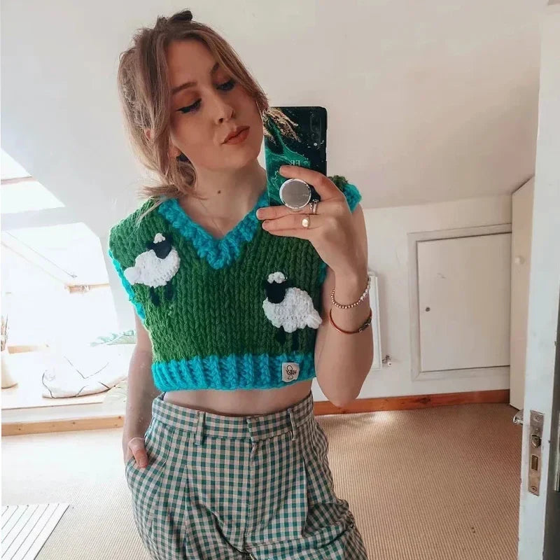 Sheep Knitted Sweater Vest Vintage Animal  Blue Cropped Sweater