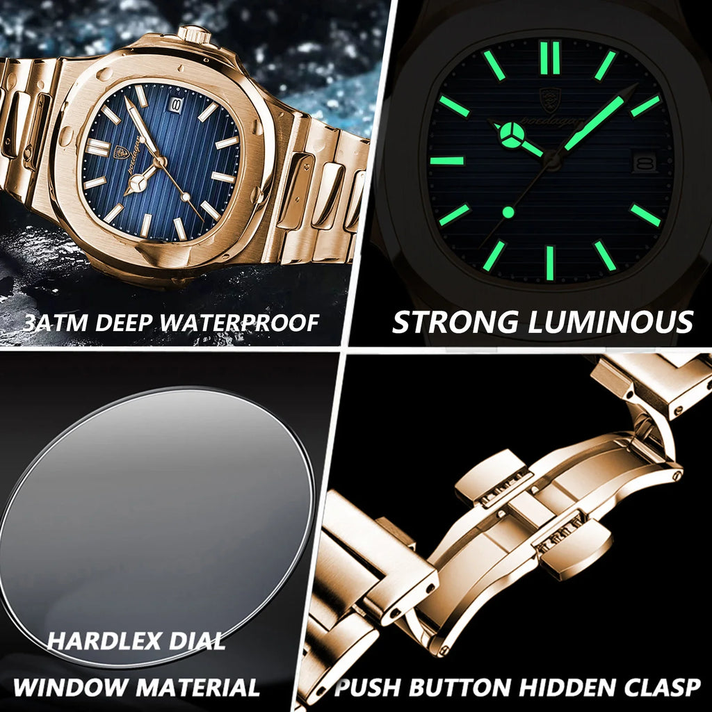 POEDAGAR Fashion Square Male Quartz Watch Waterproof Luminous Date Stainless Steel Man Watch Business Luxury Men's Watches Reloj