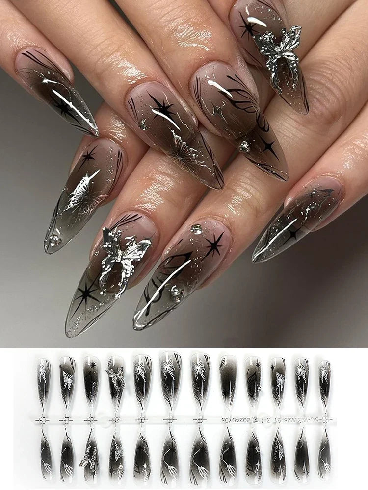 Black Cool Fake Nails Bat Press on Nails Almond Decorated Nail Tips Rivet Bow False Nails 24pcs Reusable Acrylic Nails