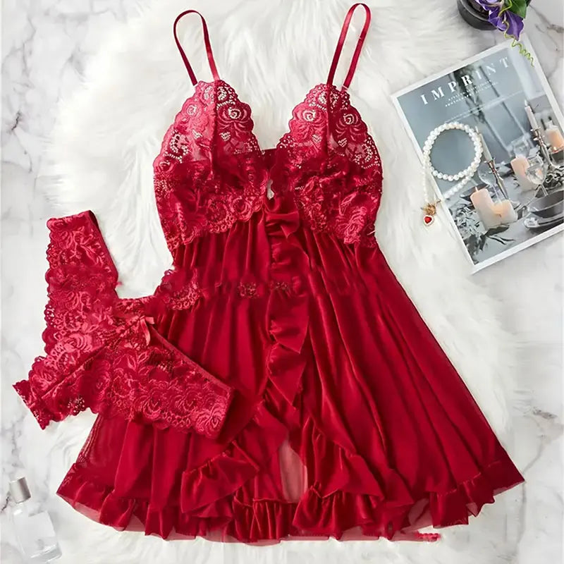Deep V Slip Dress Thong Erotic Bra Panty Sets
