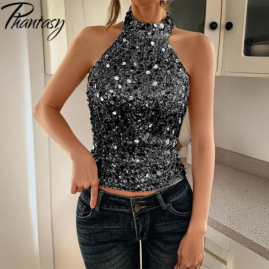 Elegant Temperament Neck Sequin Camisole Women T-shirt Sexy Sleeveless Tank Top