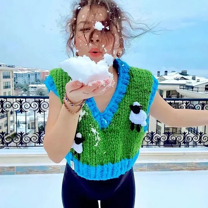 Sheep Knitted Sweater Vest Vintage Animal  Blue Cropped Sweater