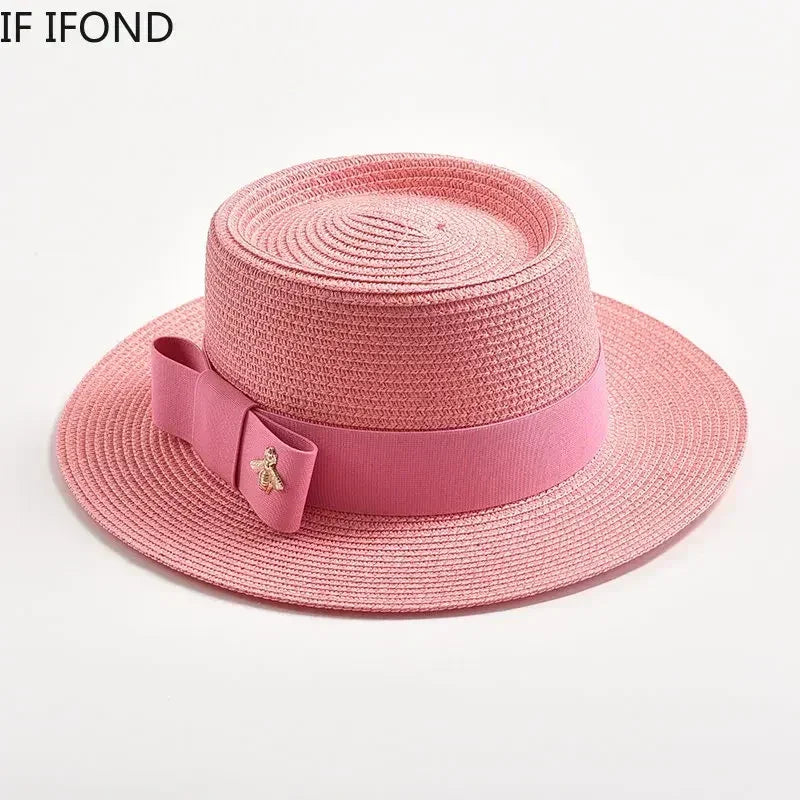 NEW Spring Summer Straw Hats for Women Round Bumpy Surface Flat Top Bowknot Dress Cap Travel Beach Sun Hat Gorra
