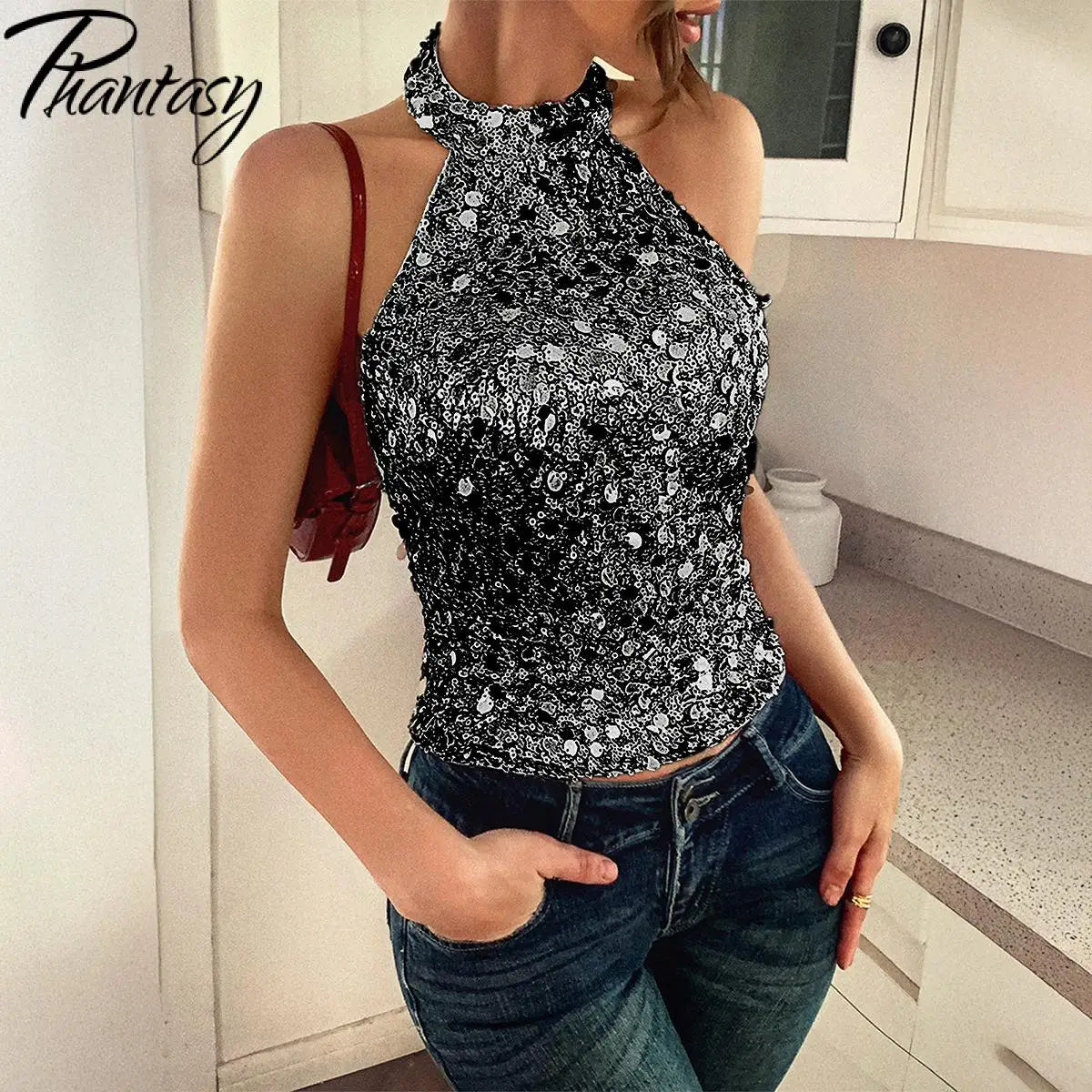 Elegant Temperament Neck Sequin Camisole Women T-shirt Sexy Sleeveless Tank Top