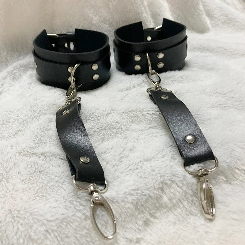 Erotic Adult PU Leather Harness Lingerie Bondage Adjustable Handcuffs Ankle Cuffs Open Leg Restraint