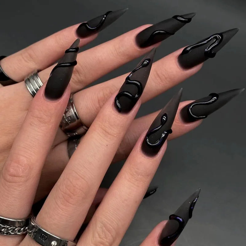 Black Cool Fake Nails Bat Press on Nails Almond Decorated Nail Tips Rivet Bow False Nails 24pcs Reusable Acrylic Nails