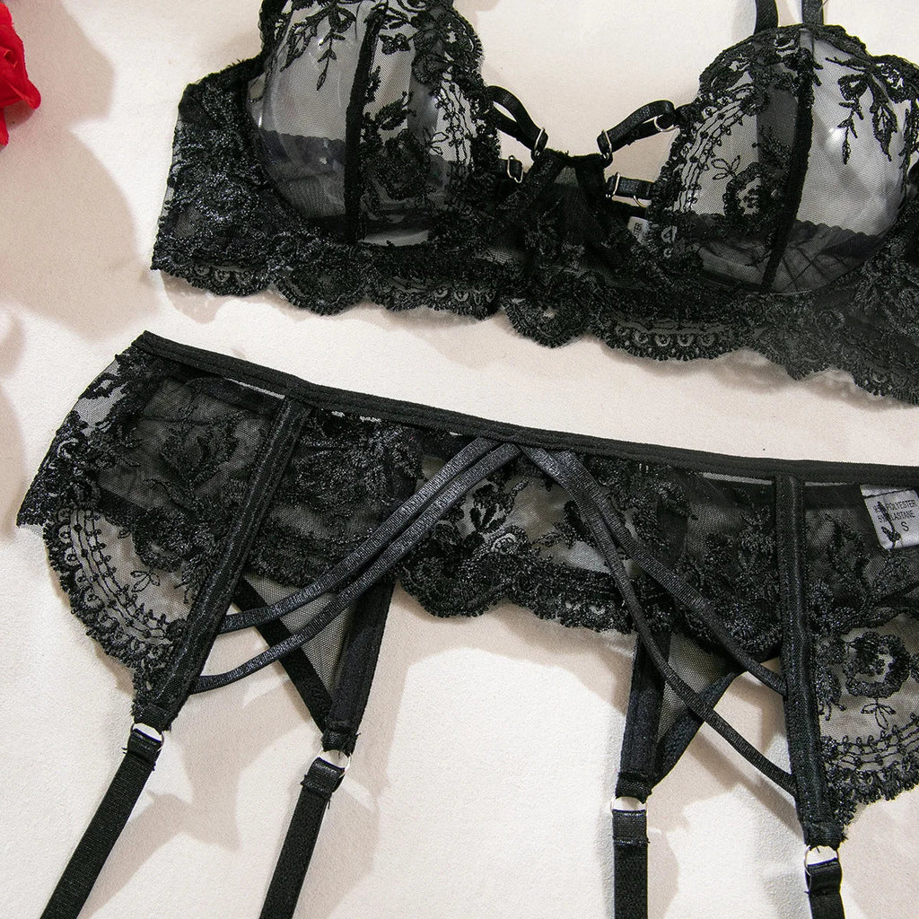 Ultrathin Mesh Patchwork See Through Bras And Thongs 3pc. Set