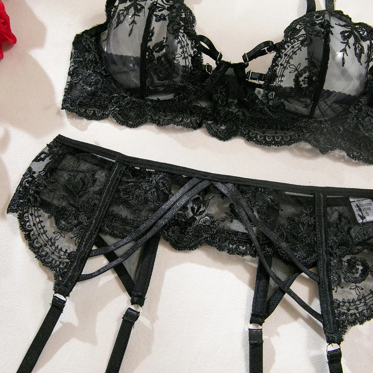 Ultrathin Mesh Patchwork See Through Bras And Thongs 3pc. Set
