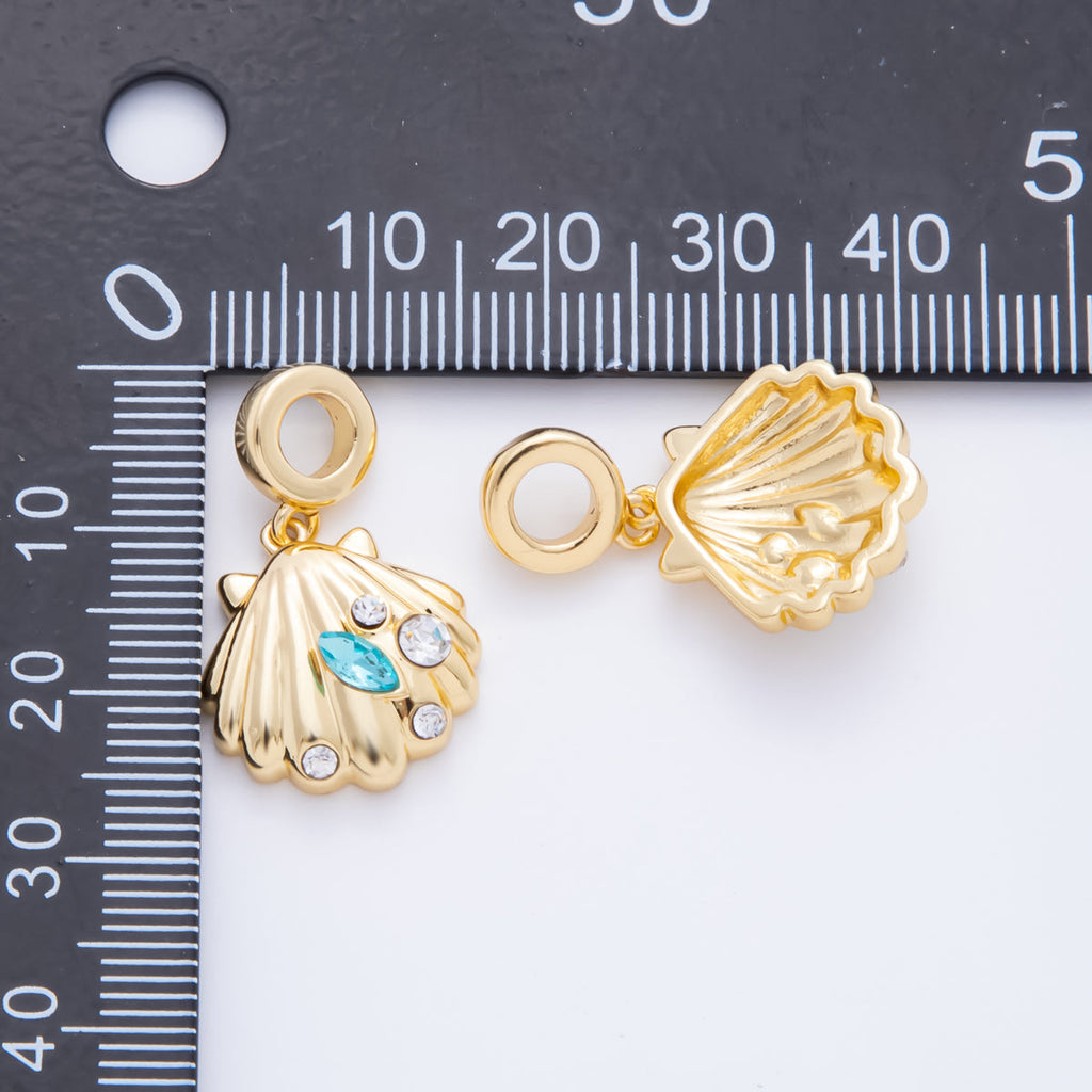 SUMMER 18K Gold Filled 26.4mm Blue Clear CZ Dotted Sea Clam Shell Drop Rondelle Pendant | AH909
