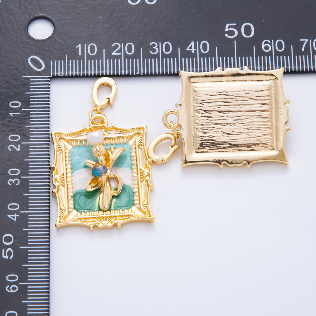 18K Gold Filled 45mm Shell Pearl Blue Enamel Flower Artisan Painting Snap Drop Bail Pendant | AH814
