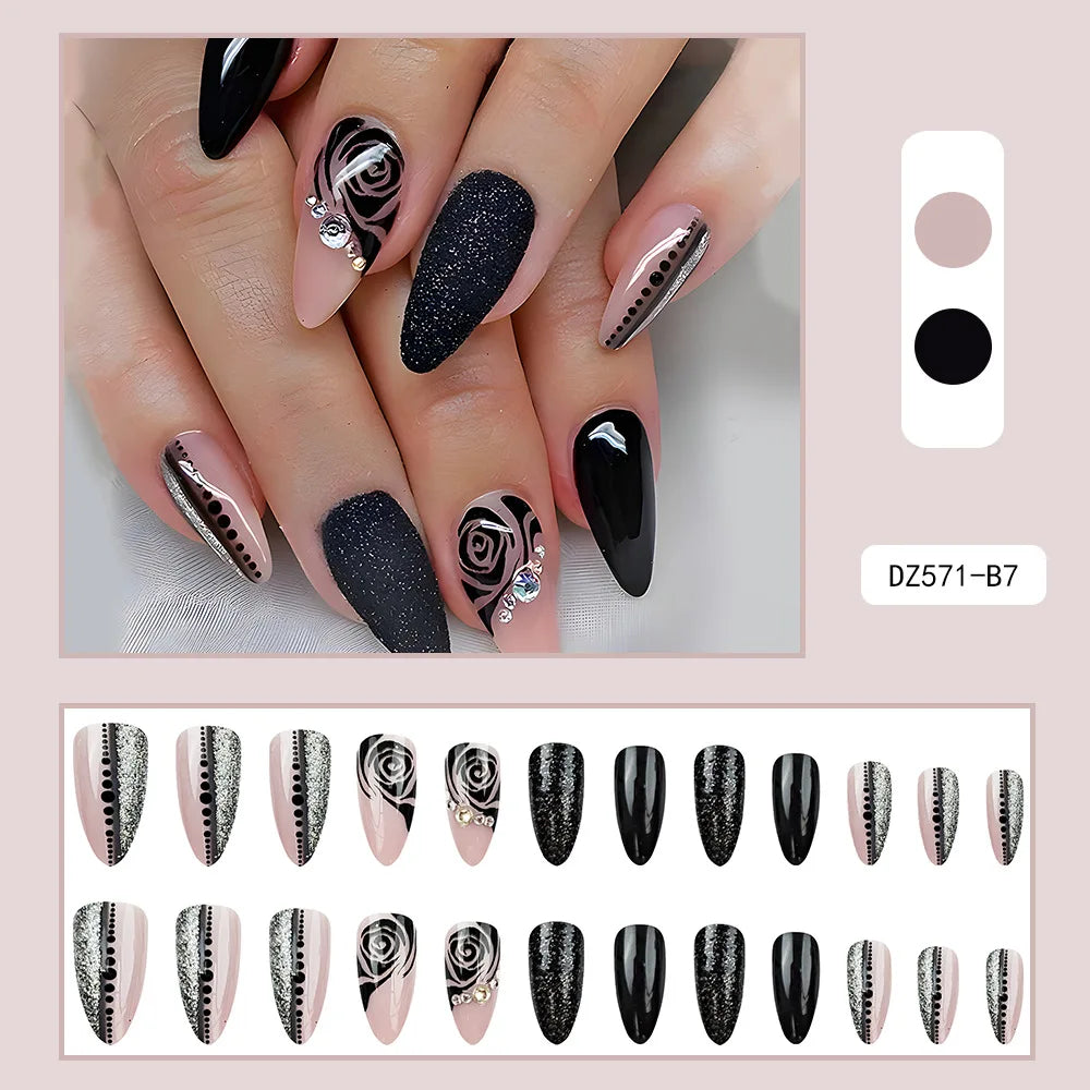 Black Cool Fake Nails Bat Press on Nails Almond Decorated Nail Tips Rivet Bow False Nails 24pcs Reusable Acrylic Nails