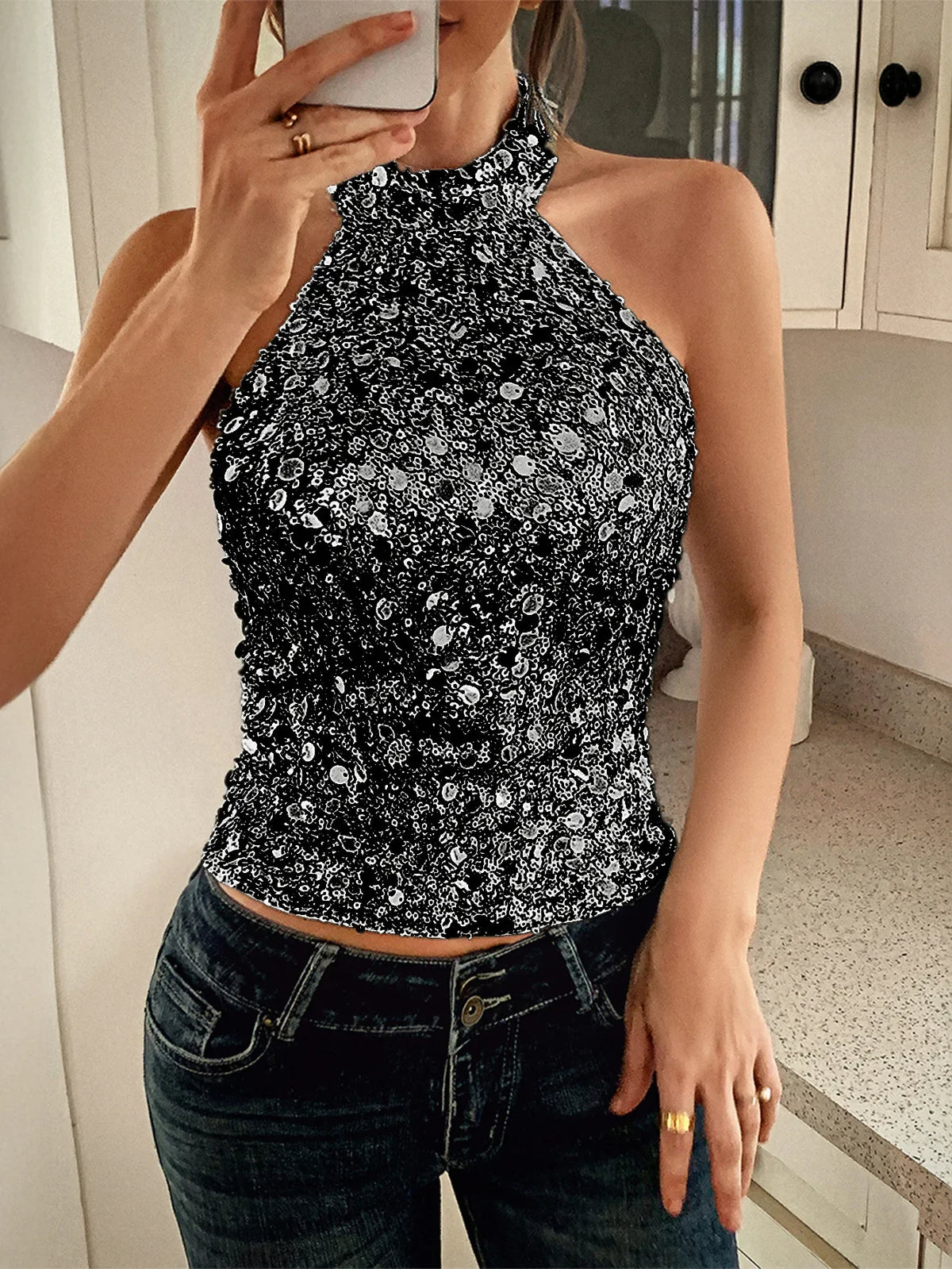 Elegant Temperament Neck Sequin Camisole Women T-shirt Sexy Sleeveless Tank Top