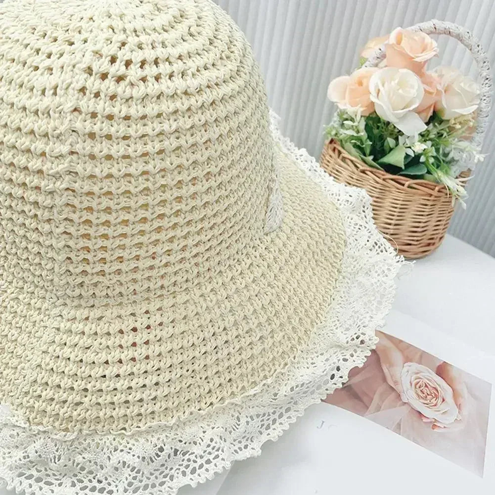 Summer Women's Lace Straw Beach Hat Foldable Sun Hat with Wide Brim Fresh Stylish Sunblock Shade Hat Perfect for Travel Holiday