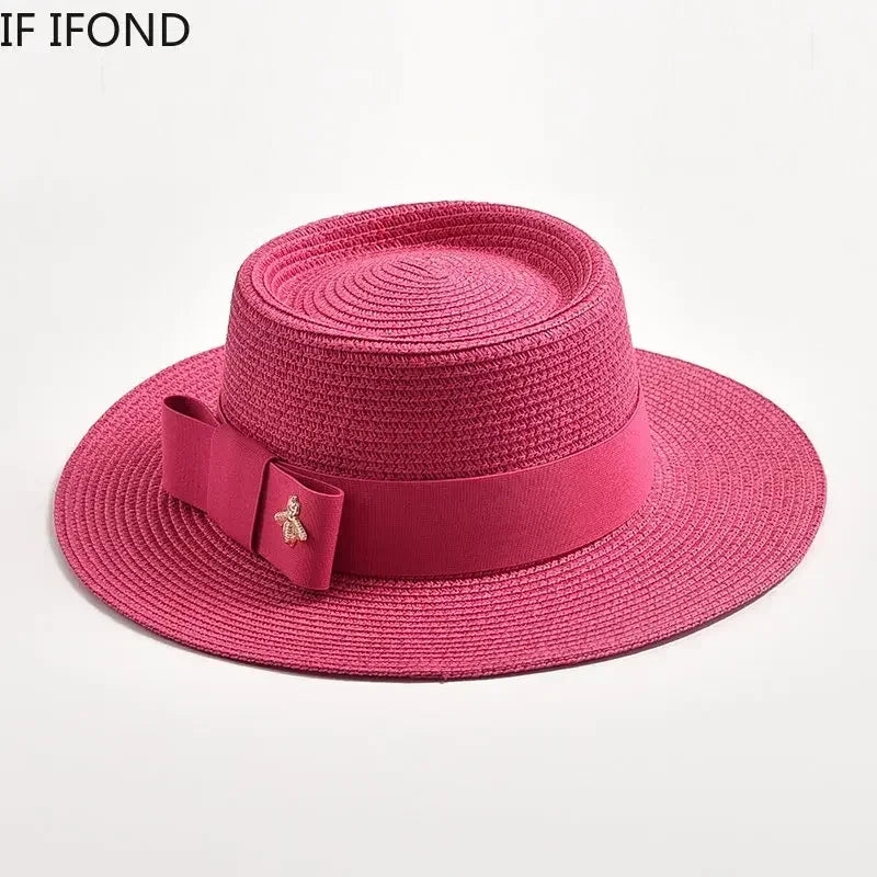 NEW Spring Summer Straw Hats for Women Round Bumpy Surface Flat Top Bowknot Dress Cap Travel Beach Sun Hat Gorra