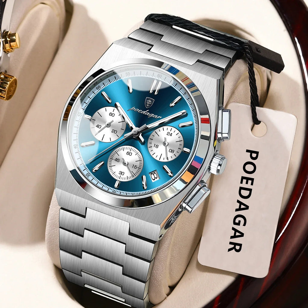 POEDAGAR Luxury Man Watch Chronograph Date Stainless Steel Sport Men Wristwatch Waterproof Luminous Fashion Quartz Men's Watches