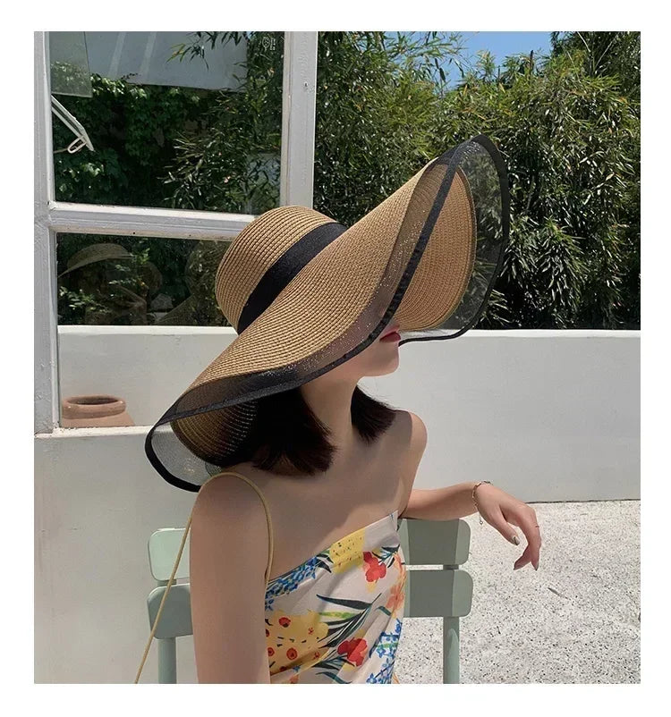 Women Sun Hat Big Eaves Waves Beach Cap Ladies Hat Big Brim Sun Visors UV Cut Bucket Panama Cap Foldable Straw Sunscreen Vintage