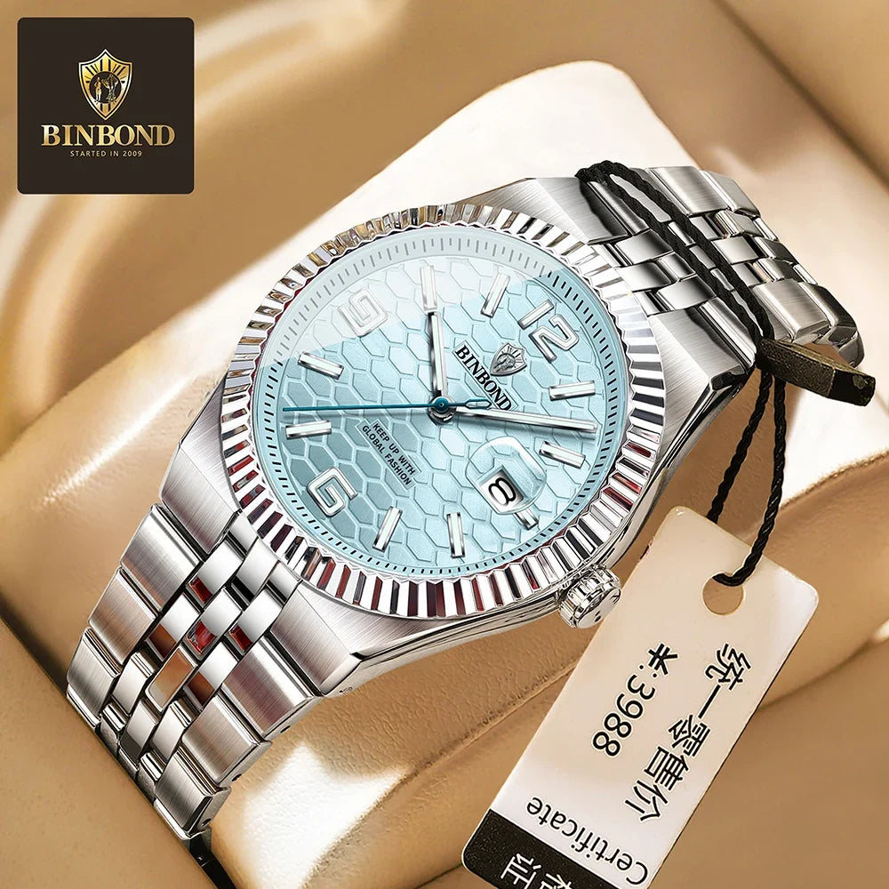 BINBOND High Quality Original Men Clock Waterproof Luminous Date Luxury Man Watch Stainless Steel Quartz Men's Watches Male