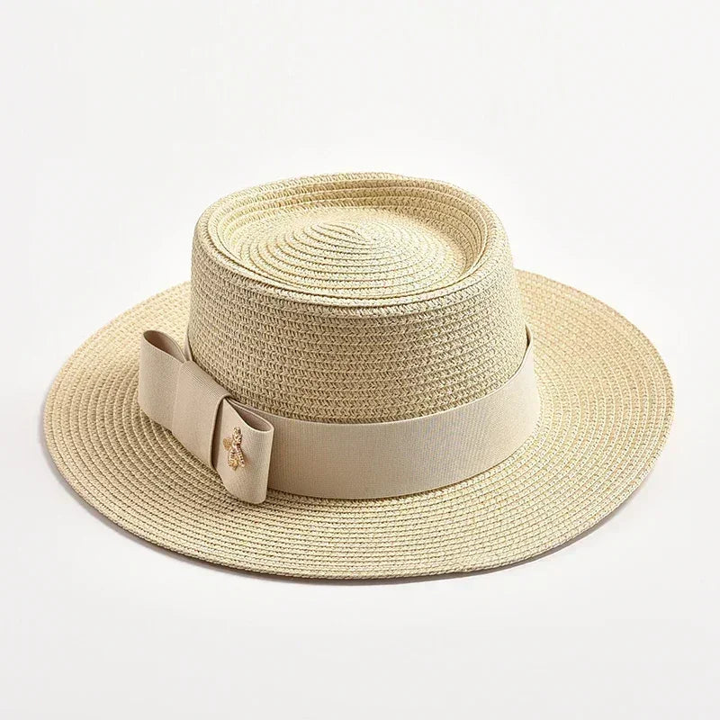 NEW Spring Summer Straw Hats for Women Round Bumpy Surface Flat Top Bowknot Dress Cap Travel Beach Sun Hat Gorra