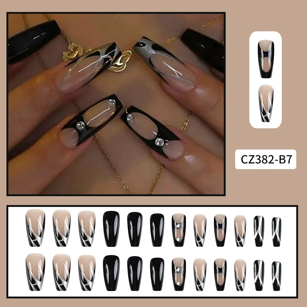 Black Cool Fake Nails Bat Press on Nails Almond Decorated Nail Tips Rivet Bow False Nails 24pcs Reusable Acrylic Nails