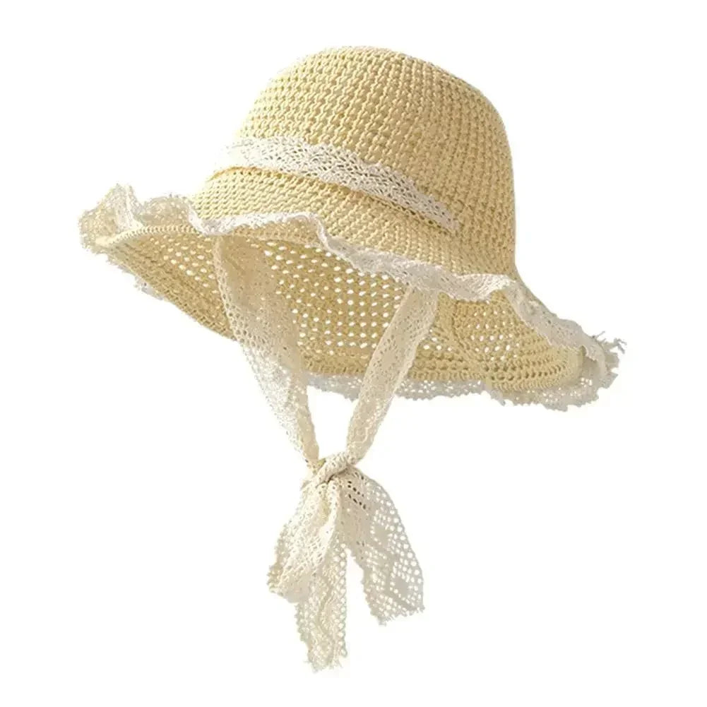 Summer Women's Lace Straw Beach Hat Foldable Sun Hat with Wide Brim Fresh Stylish Sunblock Shade Hat Perfect for Travel Holiday