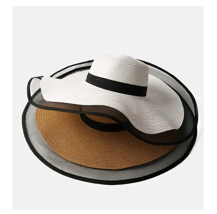 Women Sun Hat Big Eaves Waves Beach Cap Ladies Hat Big Brim Sun Visors UV Cut Bucket Panama Cap Foldable Straw Sunscreen Vintage